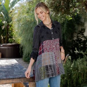 Young Threads  Western Boho Patchwork Tiered Tunic Top
